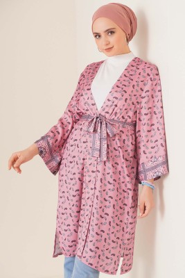 Kuşaklı Desenli Kimono Pudra - Thumbnail