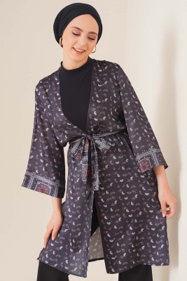 Kuşaklı Desenli Kimono Siyah - Thumbnail