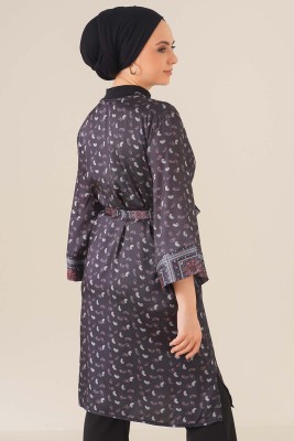 Kuşaklı Desenli Kimono Siyah - Thumbnail