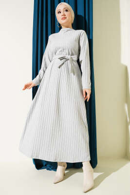 Kuşaklı Dik Fitilli Kaşe Elbise Gri - NESSİA
