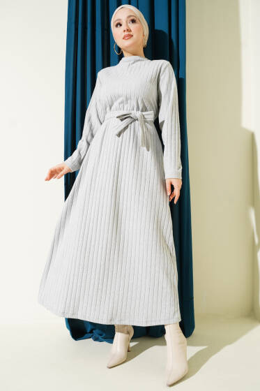 Kuşaklı Dik Fitilli Kaşe Elbise Gri - Elbise