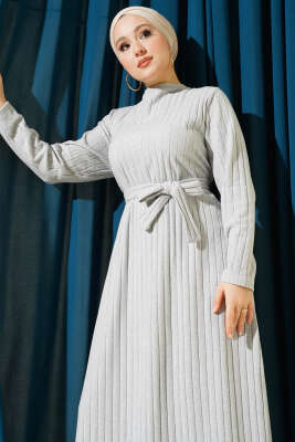 Kuşaklı Dik Fitilli Kaşe Elbise Gri - Elbise