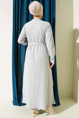 Kuşaklı Dik Fitilli Kaşe Elbise Gri - Elbise