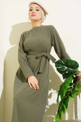 Kuşaklı Dik Fitilli Kaşe Elbise Haki - NESSİA