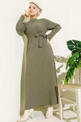 Kuşaklı Dik Fitilli Kaşe Elbise Haki - Elbise