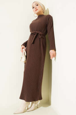 Kuşaklı Dik Fitilli Kaşe Elbise Kahve - NESSİA