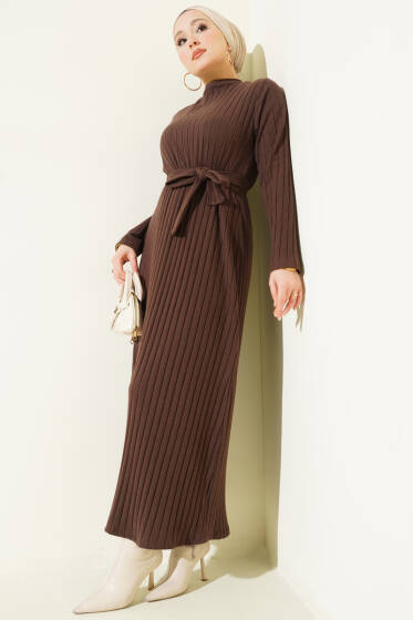 Kuşaklı Dik Fitilli Kaşe Elbise Kahve - Elbise