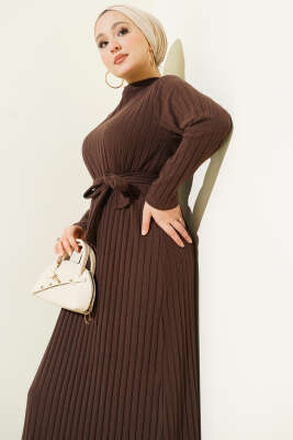 Kuşaklı Dik Fitilli Kaşe Elbise Kahve - Elbise