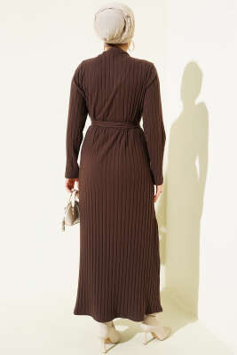 Kuşaklı Dik Fitilli Kaşe Elbise Kahve - Elbise