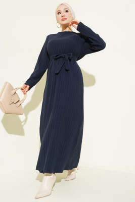 Kuşaklı Dik Fitilli Kaşe Elbise Lacivert - NESSİA