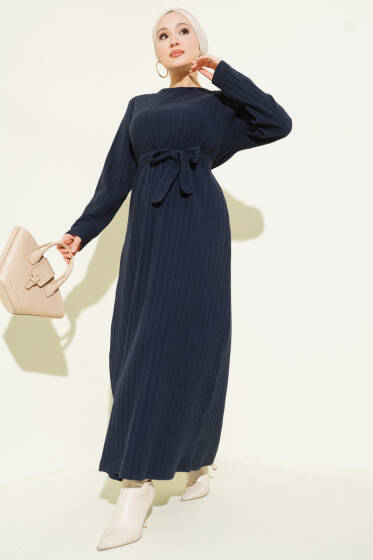 Kuşaklı Dik Fitilli Kaşe Elbise Lacivert - Elbise