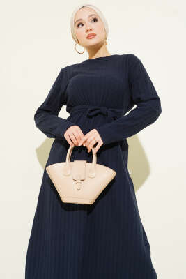 Kuşaklı Dik Fitilli Kaşe Elbise Lacivert - Elbise