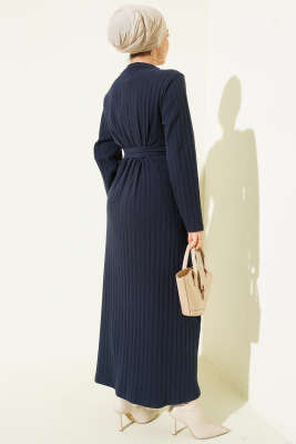 Kuşaklı Dik Fitilli Kaşe Elbise Lacivert - Elbise