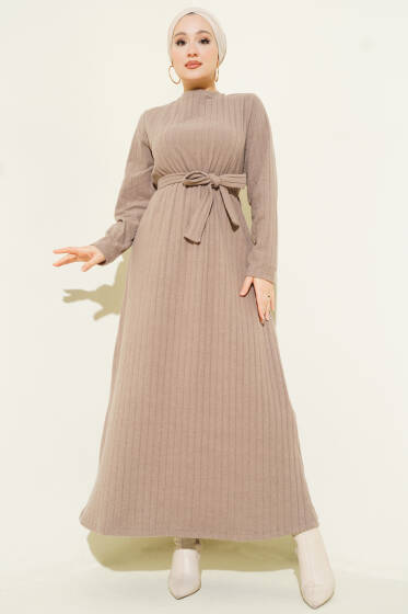 Kuşaklı Dik Fitilli Kaşe Elbise Latte - Elbise