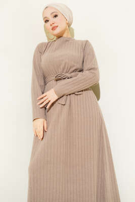 Kuşaklı Dik Fitilli Kaşe Elbise Latte - Elbise