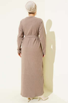 Kuşaklı Dik Fitilli Kaşe Elbise Latte - Elbise