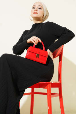 Kuşaklı Dik Fitilli Kaşe Elbise Siyah - NESSİA