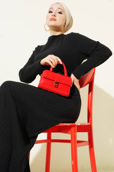 Kuşaklı Dik Fitilli Kaşe Elbise Siyah - Elbise