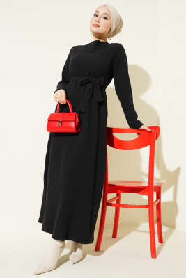 Kuşaklı Dik Fitilli Kaşe Elbise Siyah - Elbise