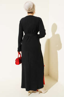 Kuşaklı Dik Fitilli Kaşe Elbise Siyah - Elbise