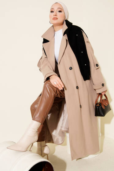 Kuşaklı Düğme Detaylı Kaşe Kaban Bej - Kaban