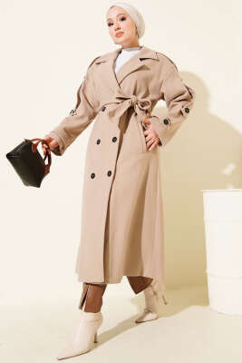 Kuşaklı Düğme Detaylı Kaşe Kaban Bej - Kaban