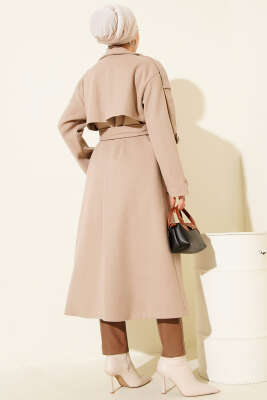 Kuşaklı Düğme Detaylı Kaşe Kaban Bej - Kaban