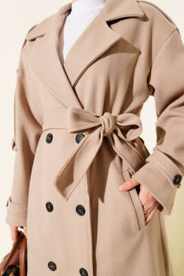 Kuşaklı Düğme Detaylı Kaşe Kaban Bej - Kaban