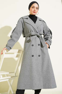 Kuşaklı Düğme Detaylı Kaşe Kaban Füme - Kaban