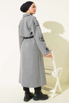 Kuşaklı Düğme Detaylı Kaşe Kaban Füme - Kaban