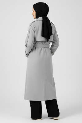 Kuşaklı Düğme Detaylı Kaşe Kaban Gri - Kaban