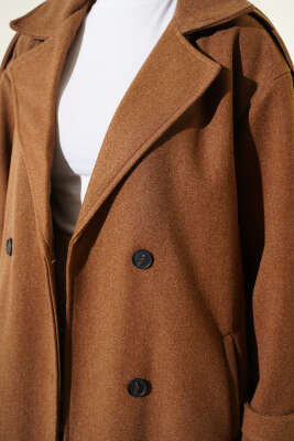 Kuşaklı Düğme Detaylı Kaşe Kaban Kestane - Kaban