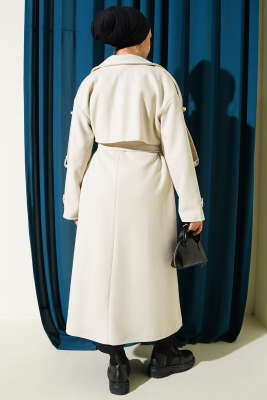 Kuşaklı Düğme Detaylı Kaşe Kaban Krem - Kaban