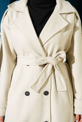 Kuşaklı Düğme Detaylı Kaşe Kaban Krem - Kaban