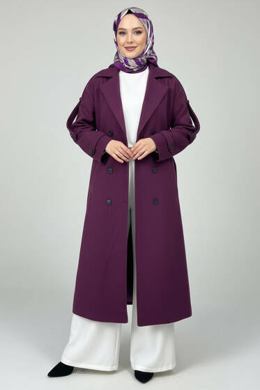 Kuşaklı Düğme Detaylı Kaşe Kaban Mor - Kaban