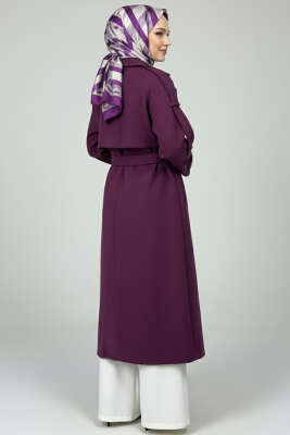 Kuşaklı Düğme Detaylı Kaşe Kaban Mor - Kaban