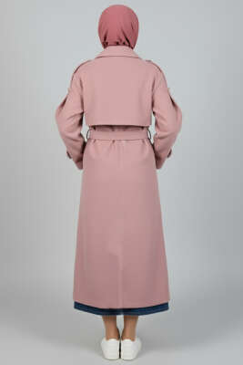 Kuşaklı Düğme Detaylı Kaşe Kaban Pudra - Kaban