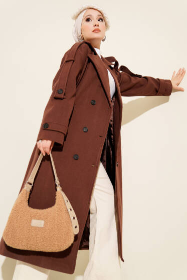 Kuşaklı Düğme Detaylı Kaşe Kaban Tarçın - Kaban