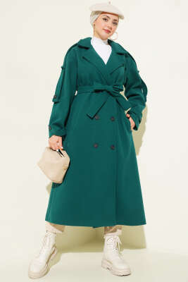 Kuşaklı Düğme Detaylı Kaşe Kaban Zümrüt - BERAT TEKSTİL