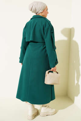 Kuşaklı Düğme Detaylı Kaşe Kaban Zümrüt - Kaban