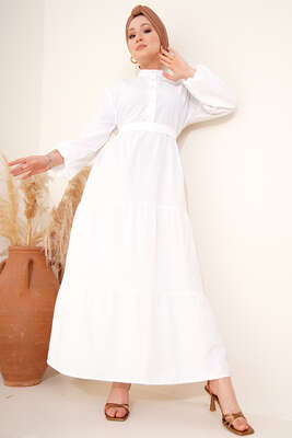 Kuşaklı Düğmeli Elbise Beyaz - Thumbnail