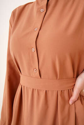 Kuşaklı Düğmeli Elbise Latte - Thumbnail
