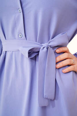 Kuşaklı Düğmeli Elbise Mavi - Thumbnail
