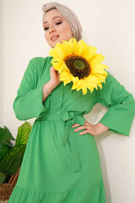 Kuşaklı Düğmeli Elbise Yeşil - Thumbnail