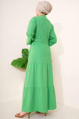 Kuşaklı Düğmeli Elbise Yeşil - Thumbnail