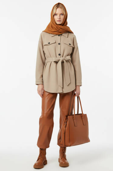 Kuşaklı Düğmeli Kaşe Ceket Bej - Ceket