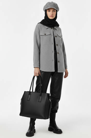 Kuşaklı Düğmeli Kaşe Ceket Gri - Ceket