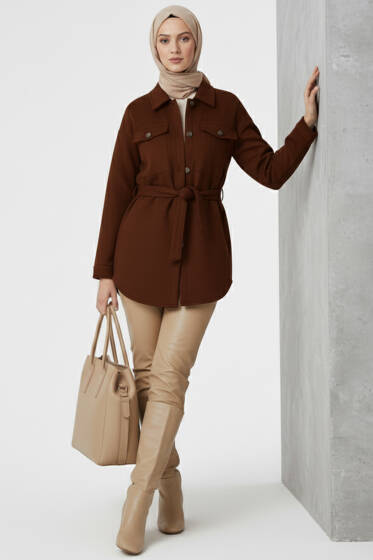 Kuşaklı Düğmeli Kaşe Ceket Kahve - Ceket