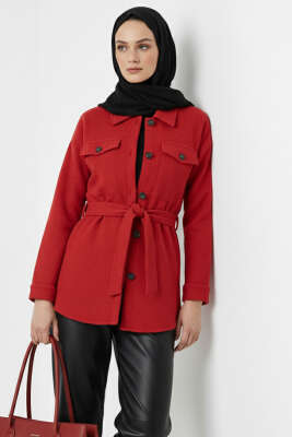 Kuşaklı Düğmeli Kaşe Ceket Kırmızı - 700-1000 TL Ürünler
