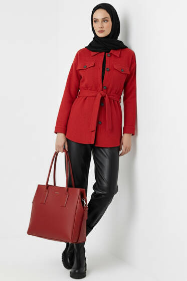 Kuşaklı Düğmeli Kaşe Ceket Kırmızı - Ceket
